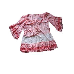 Surf Gypsy Womens Pink Boho Bell Sleeve Top Swimsuit Cover Up Tassels Lace Small